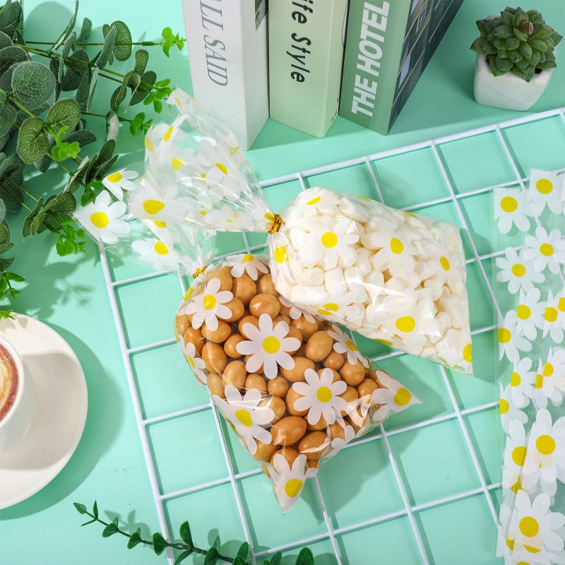 وولاين حقيبة سيلوفان ديزي 100 قطعة من Whaline مع أربطة ذهبية ملفوفة على شكل زهرة بيضاء وأكياس حلوى حلوى بلاستيكية وأكياس زهور تشيلو جودي لربيع وصيف وأعياد ميلاد الطفل وحفلات الزفاف - Image 3